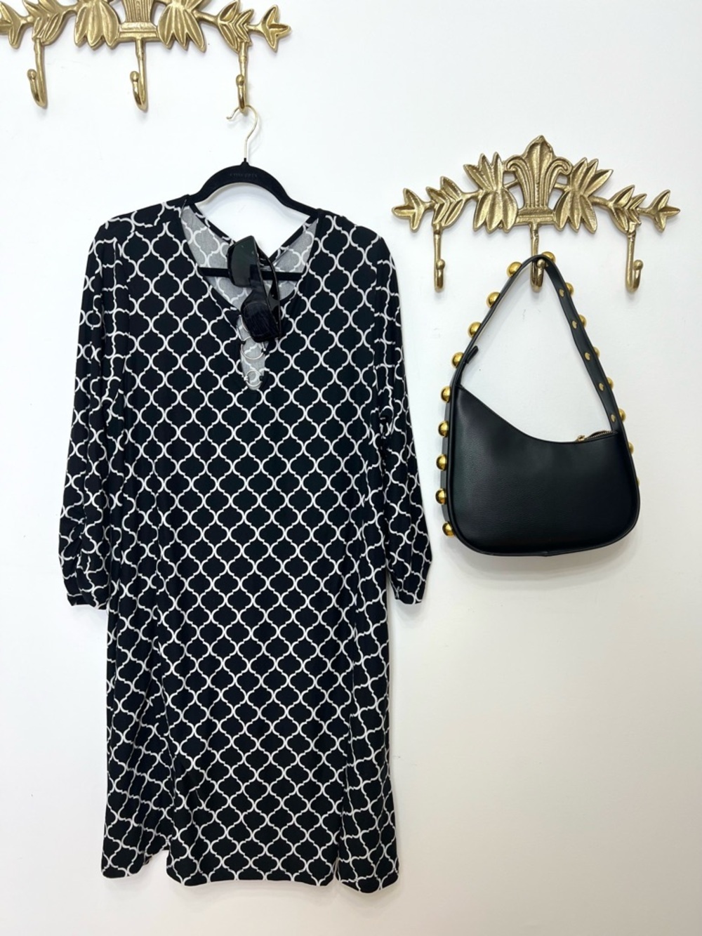 Allison Brittney Black & White Geometric Long Sleeve Dress Xl ptp 24”